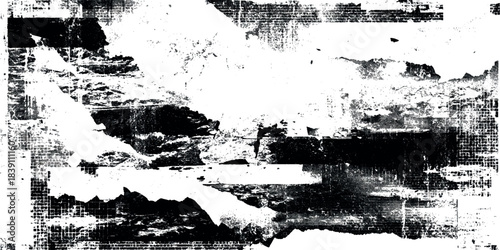 Abstract vector black and white grunge texture with rough brush strokes and distressed layers.