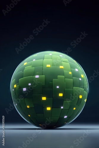 Abstract Green Sphere with Glowing Squares on Dark Background