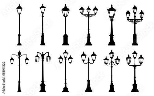 Collection of diverse vintage and modern street lamp silhouettes showcasing various outdoor lighting designs and styles, perfect for architectural illustrations, urban planning visuals, exterior desig