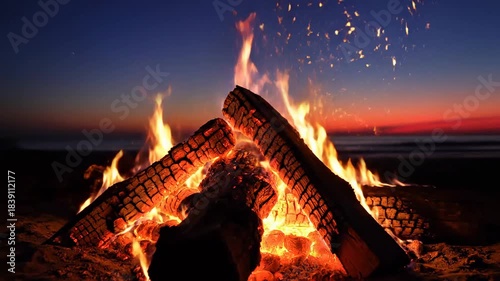 Warm Beach Bonfire at Sunset with Ocean Waves.