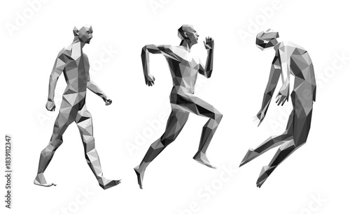 3D model of a human body stepping forwards. Jumping man. Running man or marathon runner. Design for sport. Models of polygonal people in different poses. Vector for brochure, presentation or banner.