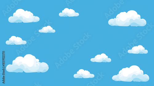 Bright blue sky background with fluffy white cartoon clouds