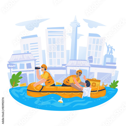 Flood Rescue Team Saves Victims with Rubber Boats Vector Illustration