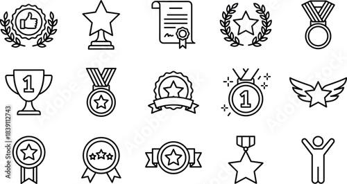 Vector set of award line icons, winner trophy symbols, success medals, quality badges, achievement ribbons for competition web interface design