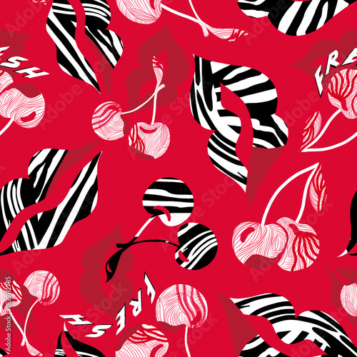 patron de cerezas fondo rojo y detalles blanco y negro.