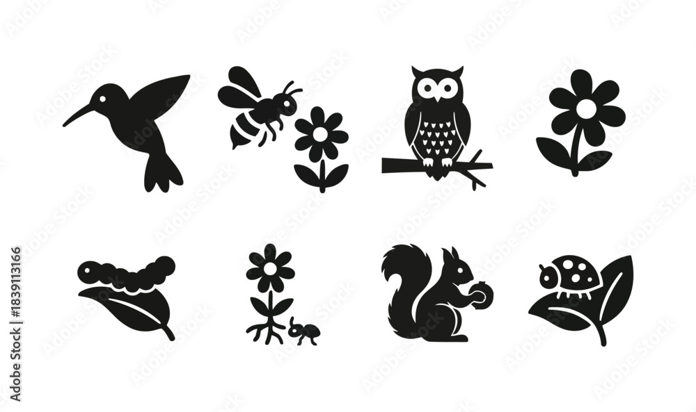 Fototapeta premium A vector illustration set of black animal silhouettes featuring cat, dog, bird, and owl icons for design collections
