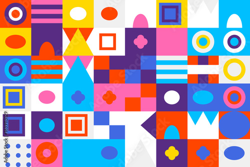 Retro geometric pattern with colorful shapes and playful design elements. 70