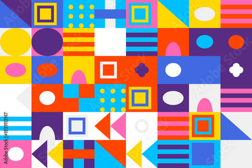 Vibrant geometric abstract pattern with playful shapes and bright color palette