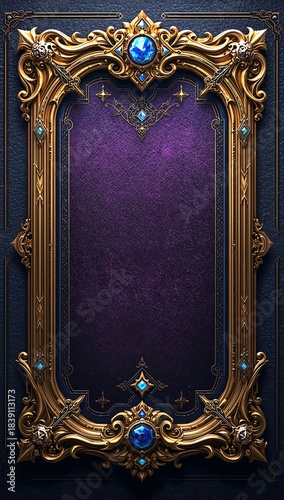 A luxurious fantasy UI panel with gold-carved mythical motifs, glowing runes, and a deep leather backdrop, lit softly for a premium RPG interface ideal for games, branding, and high-end fantasy design