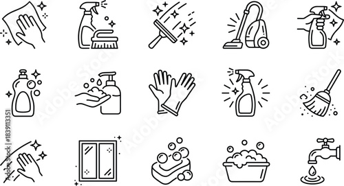 Vector set of minimalist cleaning line icons, hygiene and housework symbols, washing elements for sanitary service web interface design