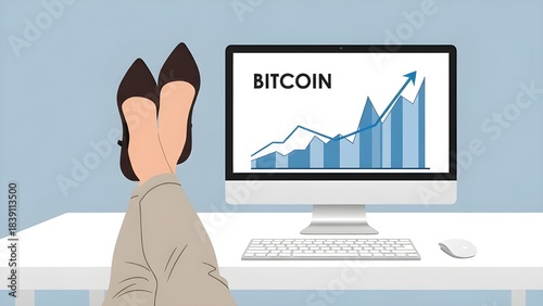 Relaxed Businesswoman Watching Bitcoin Cryptocurrency Price Chart Soar on Desktop Computer Screen