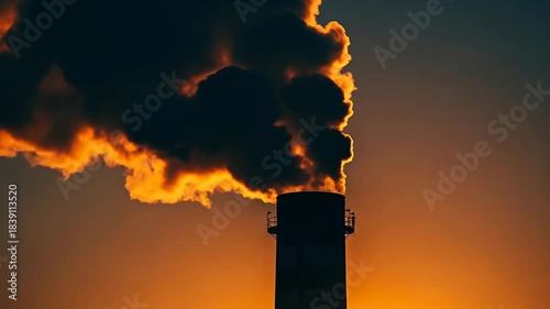 Industrial Chimney Spewing Smoke Against a Fiery Sky at Sunset.