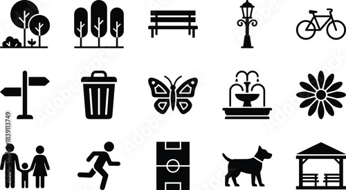 Vector set of solid black park icons, nature and recreation symbols, outdoor elements, city garden signs for map interface design