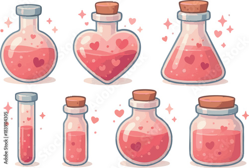 Collection of cute 2D vector-style cartoon laboratory flasks and potion bottles in Valentine’s Day theme