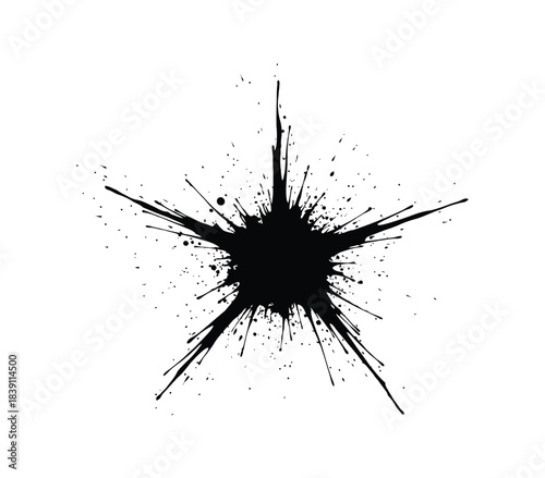 Black ink splatter silhouette pattern element and liquid grunge paint stain vector illustration texture