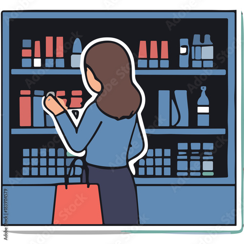 Woman in Blue Top and Dark Skirt Browsing Shelves Stocked with Various Products in a Store Setting With Red Shopping Bag Over Shoulder