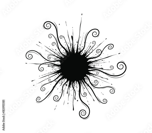 Dramatic ink splatter resembling a floral burst or exploding star shape in black