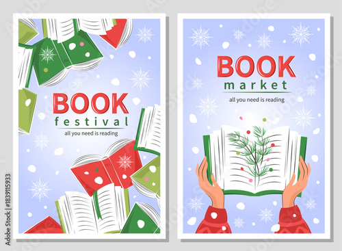 Book festival, bookstore or market, library, shop. Lots of books and winter design . Vector illustration for poster, cover, sale, marketing.