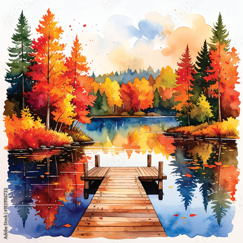 fall forest lake with wooden dock vector illustration in watercolor style