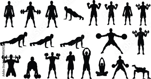 Fitness and Bodybuilding Silhouettes Set, Men Training with Weights, Dumbbells, Barbells, Kettlebells, and Performing Push-Ups, Yoga, and Stretching for Health, Exercise, and Strong Muscular Physique.