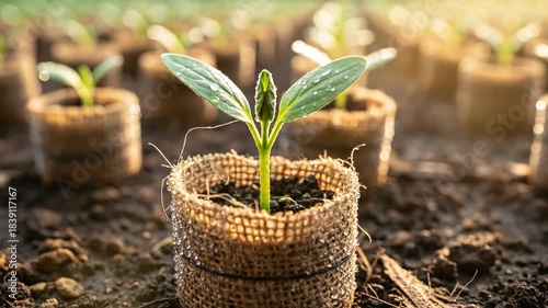 Young Plant Sprouts in Biodegradable Pot Growing in Soil Rows.
