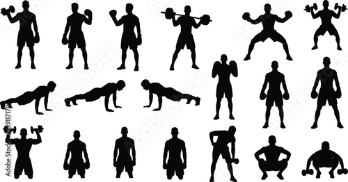 Gym workout man sport exercise fitness silhouettes collection: weightlifting, boxing, push-ups, squats, training, body building, healthy lifestyle, strength, power