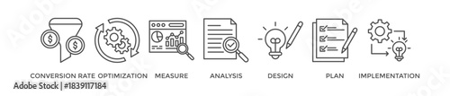 CRO banner web icon vector illustration concept for conversion rate optimization with icon of measure, analysis, design, plan, and implementation