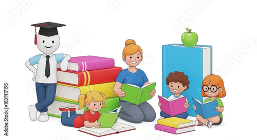 Joyful learning: children, teacher, graduate read books together.