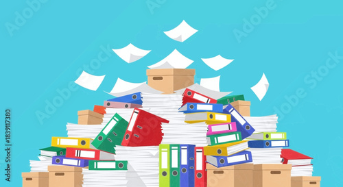 Giant stack of office documents, binders, boxes, and paperwork