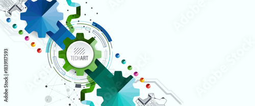 Stylized view of gears integrated with microcircuits. Concept of combining mechanics and electronics.