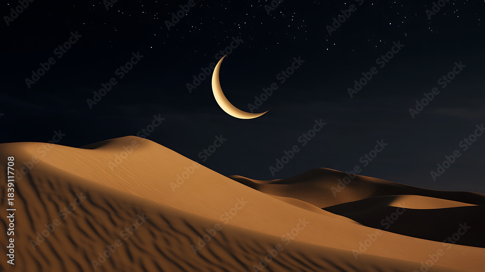 Obraz premium Desert night scene with a crescent moon and starlit sky, creating a peaceful ambiance over the sand dunes. The serene landscape shows the beauty of nature.