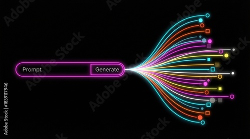 Neon prompt bar with colorful data streams, generative AI creativity concept