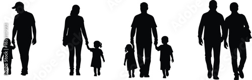 Silhouette of a Loving Family Walking Together Hand-in-Hand: Father, Mother, and Children Strolling Outdoors, Representing Parenthood, Unity, Childhood, 