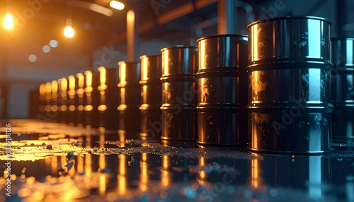 Row of industrial oil barrels in a dimly lit warehouse with reflections.