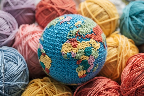 Crocheted earth globe rests on a bed of colorful yarn balls representing global unity and craftwork perfect for themes of sustainability or handmade art