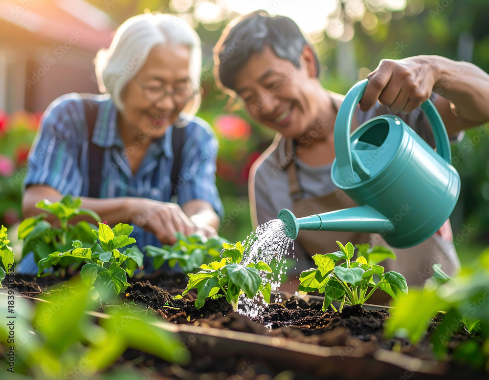 Obraz premium Starsi ludzie dbają o ogród i podlewają rośliny