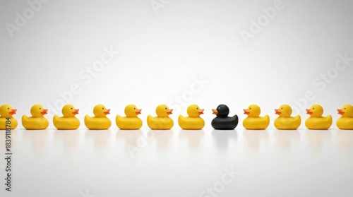 Yellow rubber ducks in row with one black duck, individuality standout concept