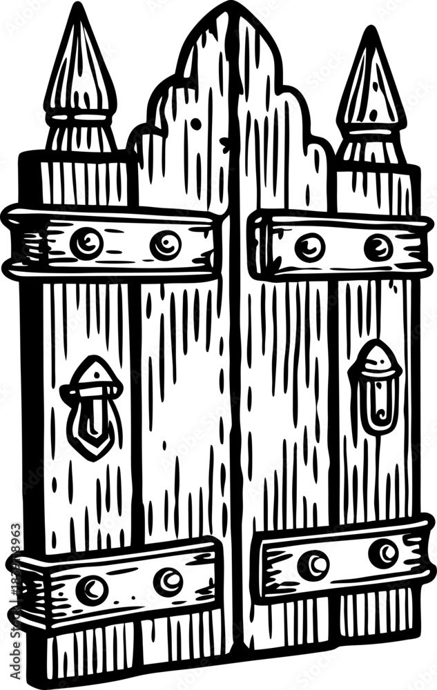 Fototapeta premium Old wooden gate with metal hinges and rustic handles, hand drawn vintage illustration