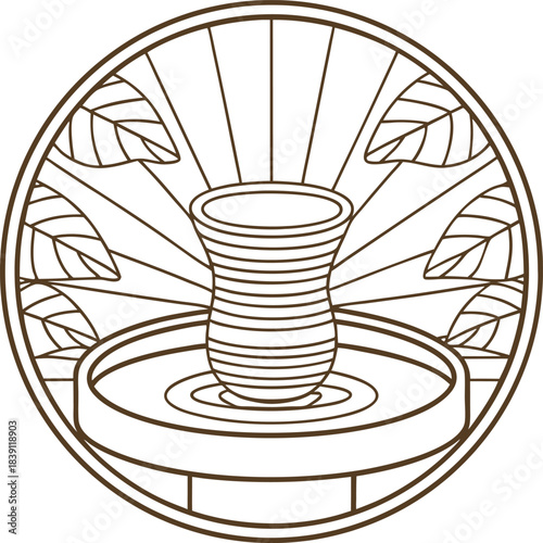 Circular pottery emblem with clay vase on rotating wheel and decorative leaves in linear