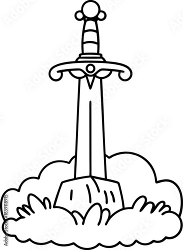 Sword in stone black and white outline illustration with bushes and clouds, fantasy adventure concept