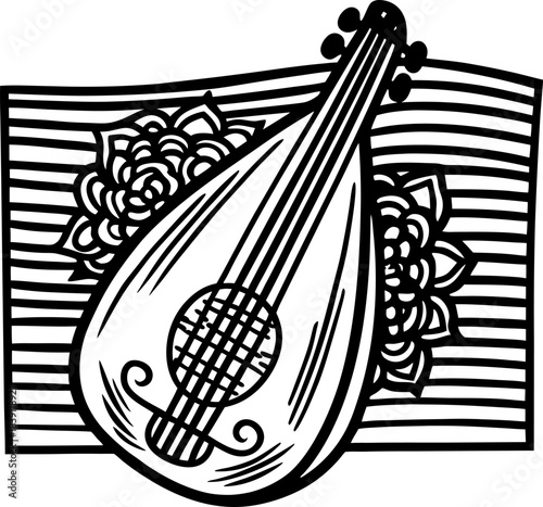 Lute illustration with floral ornament on striped background, hand drawn musical instrument design