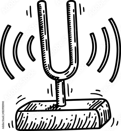 Vibrating tuning fork icon hand drawn musical pitch vibration symbol, sound frequency resonance illustration