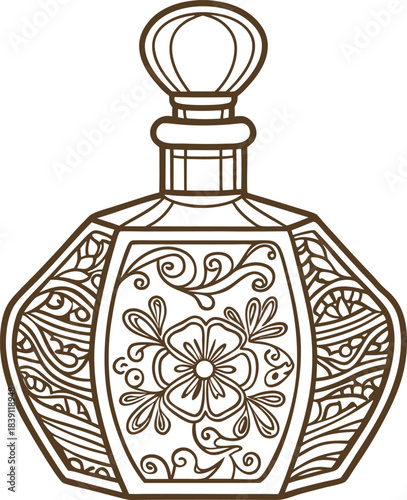 Ornate vintage perfume bottle with floral decorative pattern and elegant curved design