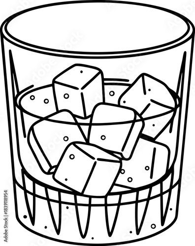 Whiskey glass with ice cubes simple black and white line art illustration of chilled drink