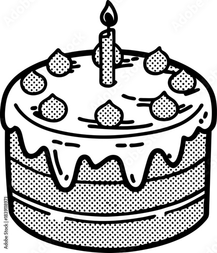 Single candle birthday cake with icing and sprinkles in retro black and white dotted illustration