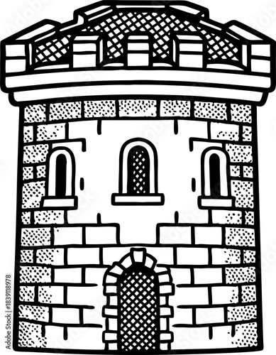 Medieval stone watchtower with arched windows and battlements, isolated hand drawn castle element