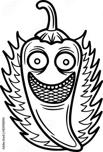 chili pepper character with big smile inside spiky leaf outline black and white illustration