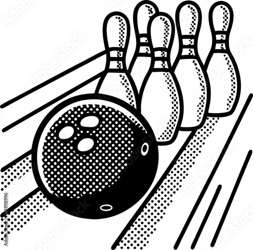 retro bowling ball striking pins in motion, vintage alley game illustration design
