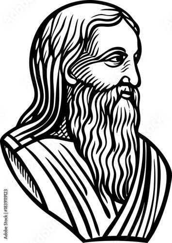 Ancient philosopher bust illustration with long beard and classical draped garment