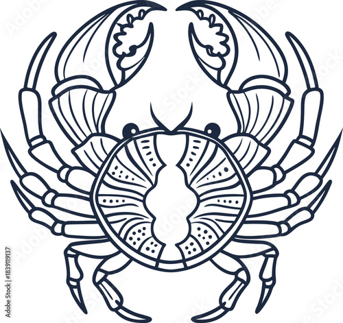 Crab zodiac symbol stylized cancer astrological sign outline, decorative marine crustacean illustration